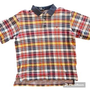 POLO RALPH LAUREN Vintage Plaid Polo Shirt, Red Blue Short Sleeve Size Large
